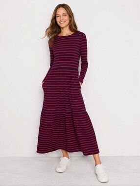 Boden Red & Navy Stripe Tiered Midi Dress | Long Sleeve | Pockets | US 4